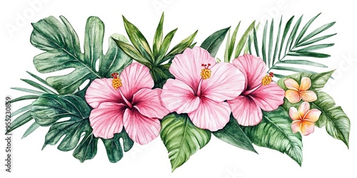 Tropical bouquet Hand drawn watercolor painting with pink chinese hibiscus rose flowers frangipani and palm leaves isolated on white background Floral summer composition Design element