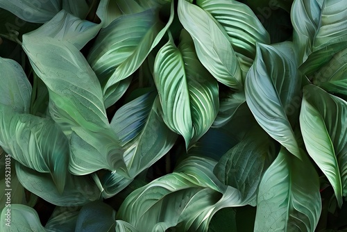 leaves of Spathiphyllum cannifolium, abstract green texture, nature background, tropical leaf Generative AI