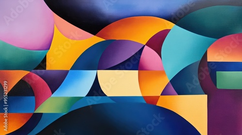 Abstract Painting with Curved Shapes and Vibrant Colors