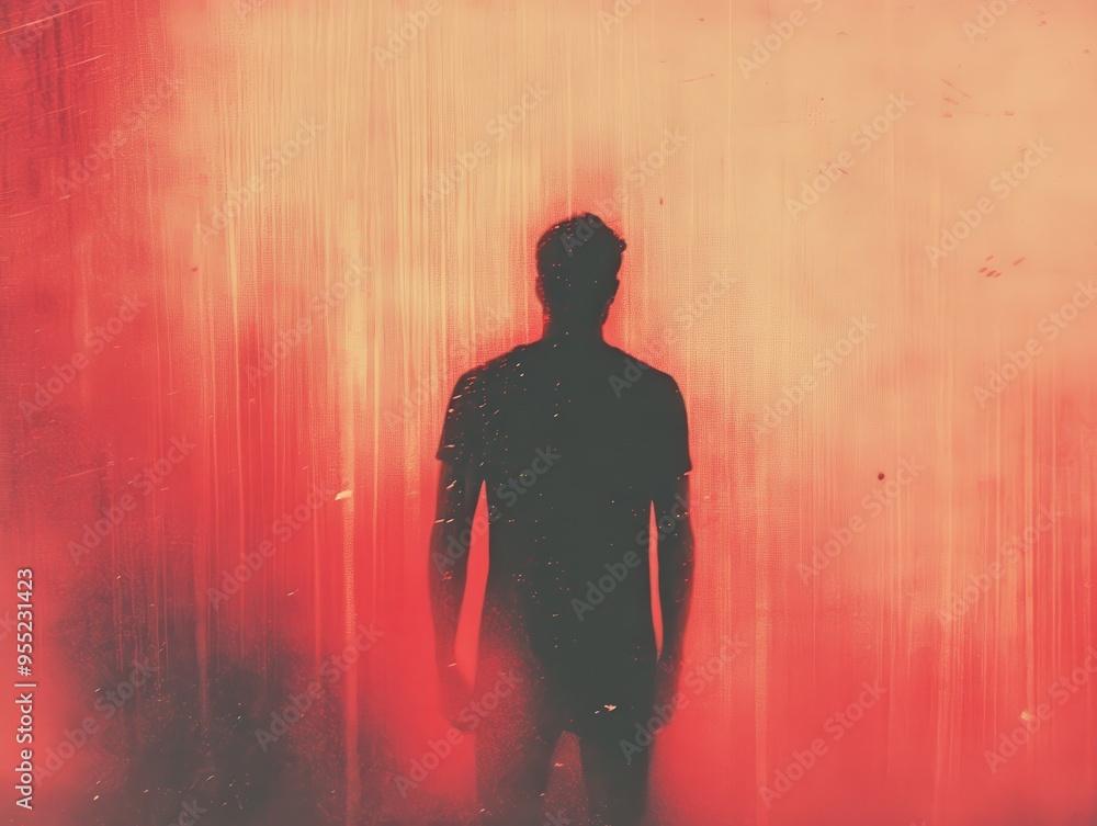 Grungy Red Gradient: Lo-Fi Album Cover with Abstract Silhouette of Man in Black T-Shirt. Grungy Red Gradient: Lo-Fi Album Cover with Abstract Silhouette of Man in Black T-Shirt.