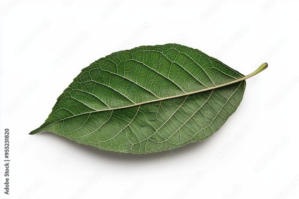 Obraz premium A close-up of a single green leaf with intricate veins and a vibrant texture, showcasing the beauty of nature.
