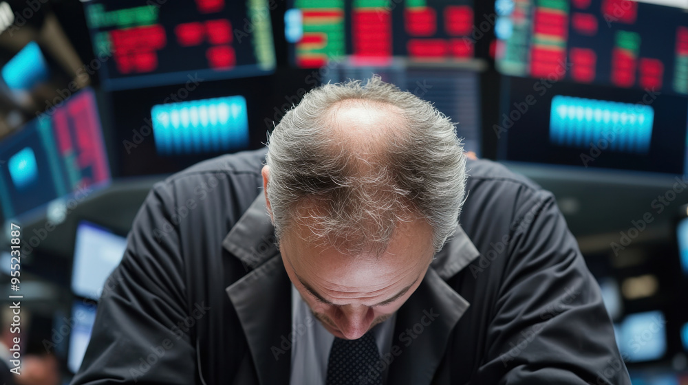 A stressed trader analyzing market trends with financial charts and data displays in a bustling stock exchange environment. A stressed trader analyzing market trends with financial charts and data displays in a bustling stock exchange environment.