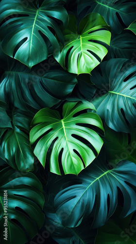 Wallpaper Mural A dark green background with large, shadowed leaves, creating a mysterious and exotic atmosphere, Torontodigital.ca