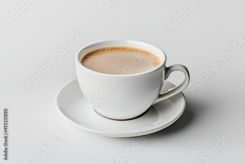 A close-up of a white coffee cup filled with creamy coffee on a sleek surface, perfect for showcasing warmth and comfort.