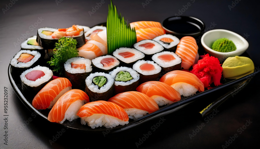 A platter of assorted sushi, with pieces of fresh fish, rice, and seaweed. Wasabi and pickle A platter of assorted sushi, with pieces of fresh fish, rice, and seaweed. Wasabi and pickle