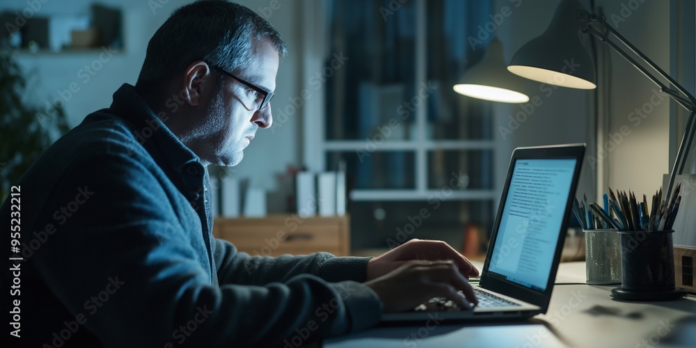 Man with glasses working on a laptop late at night, illuminated by the blue light from the screen, focused on his work, selective focus
Man with glasses working on a laptop late at night, illuminated by the blue light from the screen, focused on his work, selective focus