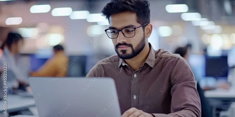 Fototapeta premium Portrait of a young male programmer in a brown shirt and glasses who is concentrating on working on a laptop while sitting at a desk in the office, Work Culture, and Professional Dedication for Labor