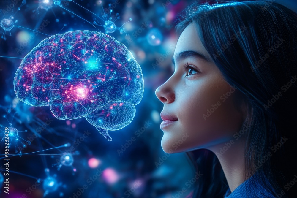 Naklejka premium Brain interaction Mental capacity Portrait of an elderly woman with fiery glowing hair symbolizing the passionate energy of a vibrant mind and the creativity that endures through age