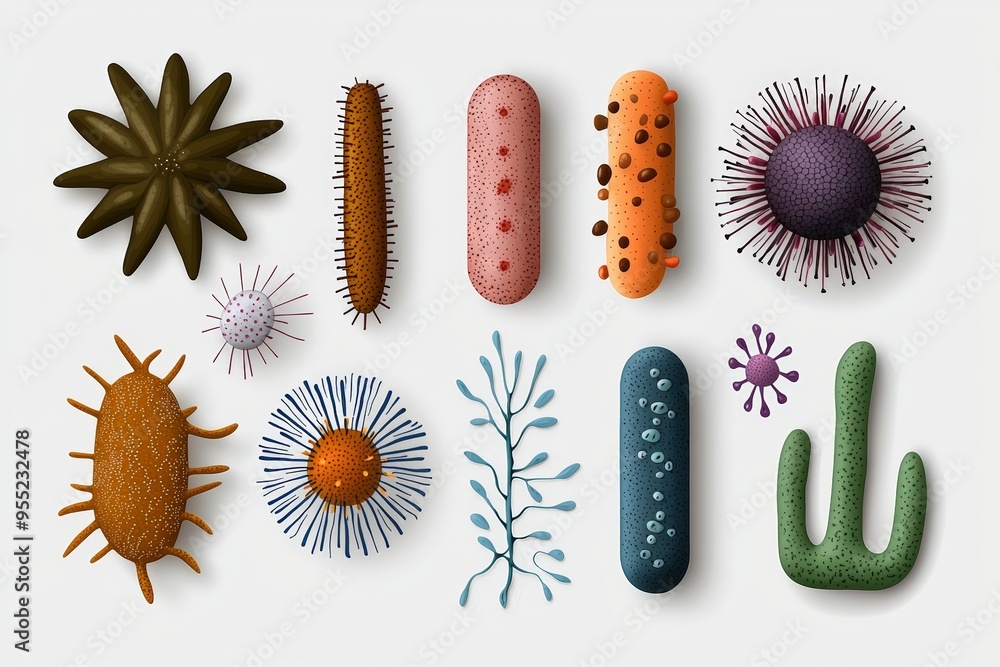Naklejka premium A collection of stylized microorganisms, including bacteria and viruses, showcasing vibrant colors and unique forms.