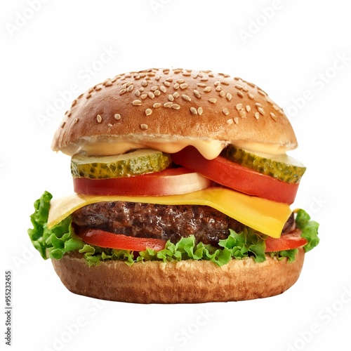 snack Burger (cheesburger), tasty, with tomato, lettuce, cheese, sauce, pickles and sesame, isolated on white background