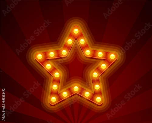 Glowing Marquee Star Frame With Bright Yellow Lights. Vector Theater And Showbiz Star Emits Warm, Inviting Glow