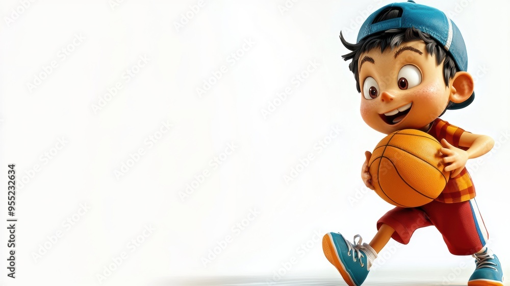 Cheerful Cartoon Boy Energetically Playing Basketball Cheerful Cartoon Boy Energetically Playing Basketball