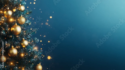 Christmas Tree With Golden Baubles And Shiny Lights In Blue Background