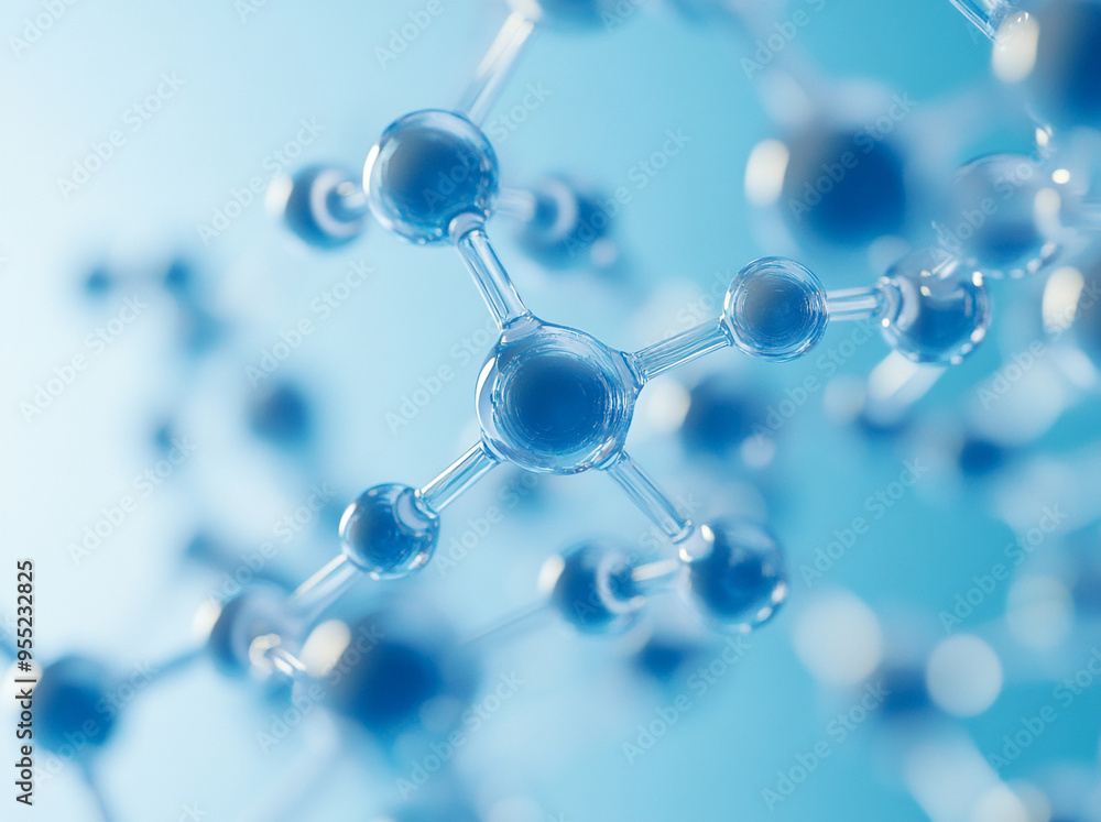 A close-up of an abstract model showing the interconnected spheres and connected molecular structures in chemical or scientific concepts, against a blue background. A close-up of an abstract model showing the interconnected spheres and connected molecular structures in chemical or scientific concepts, against a blue background.