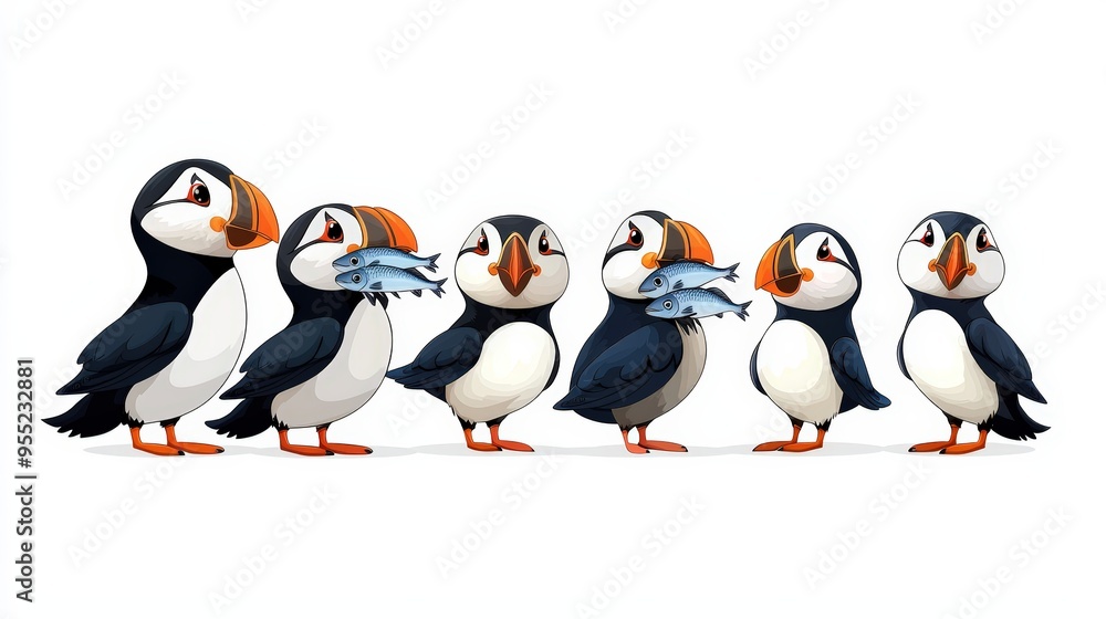 Naklejka premium A colorful cartoon of puffins carrying fish, showcasing their playful nature and vibrant colors, perfect for children's themes.
