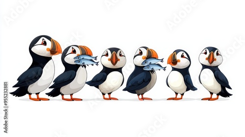 A colorful cartoon of puffins carrying fish, showcasing their playful nature and vibrant colors, perfect for children's themes. photo