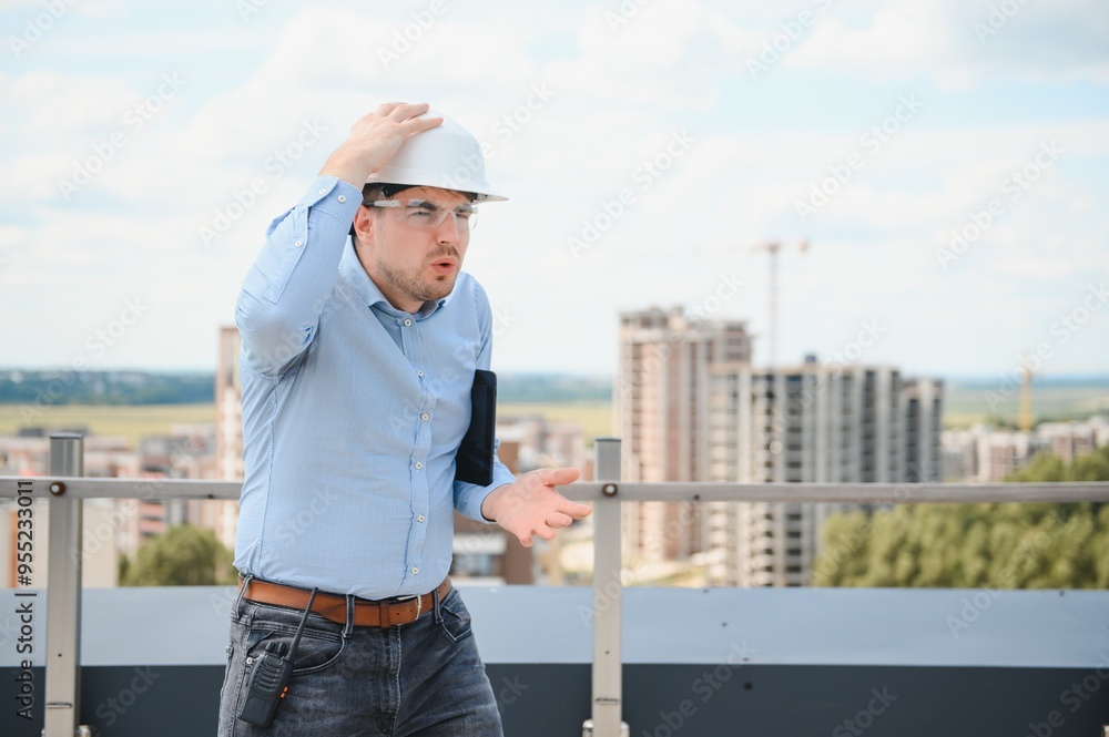 Engineer with tablet, building inspection. Construction man in helmet build new house Engineer with tablet, building inspection. Construction man in helmet build new house