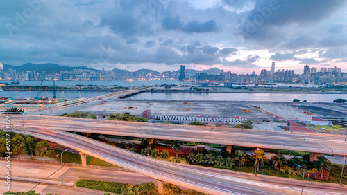 Photography Hong Kong day to night, aerial view from kowloon bay downtown timelapse