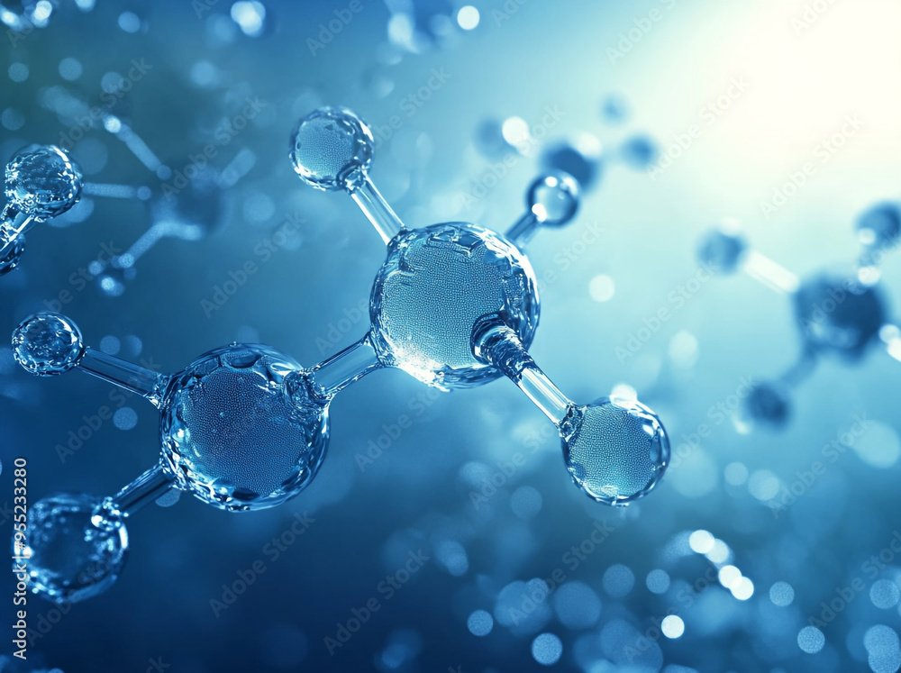 A close-up of an abstract model showing the interconnected spheres and connected molecular structures in chemical or scientific concepts, against a blue background. A close-up of an abstract model showing the interconnected spheres and connected molecular structures in chemical or scientific concepts, against a blue background.