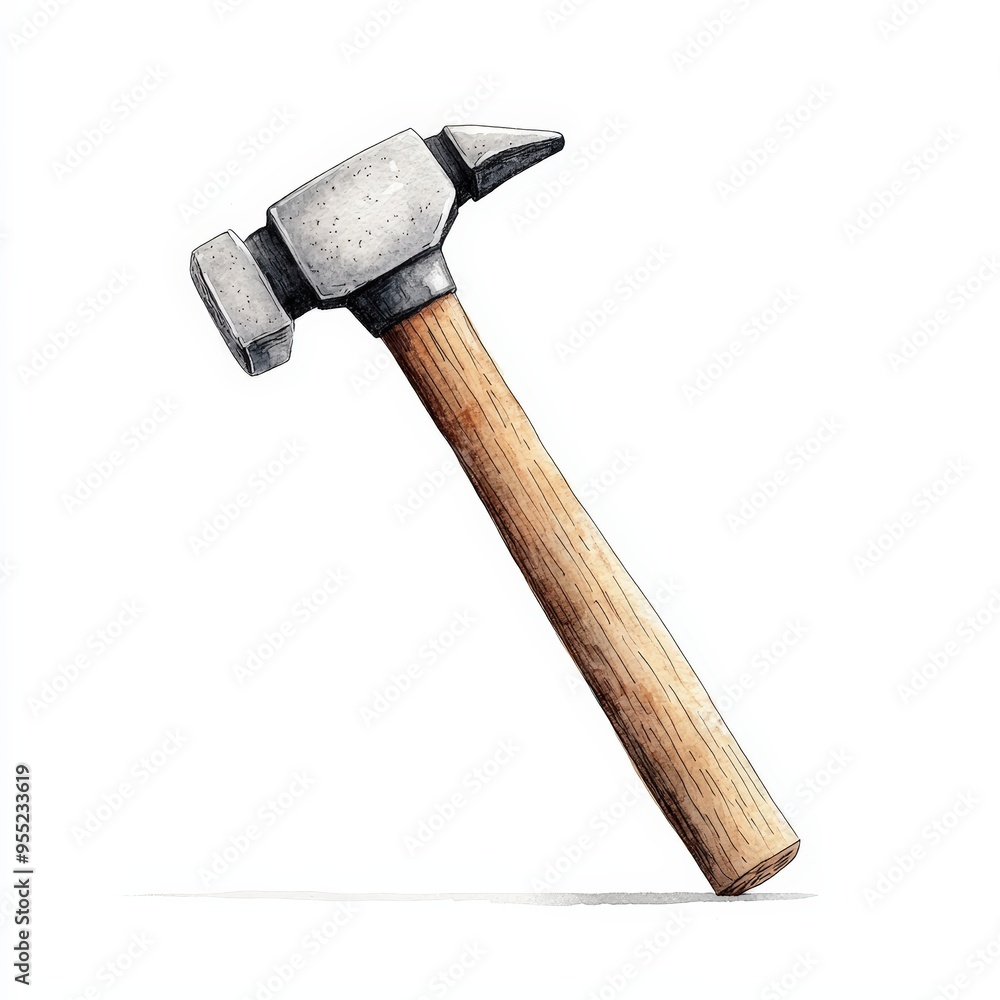 A detailed illustration of a hammer, showcasing its metal head and wooden handle, ideal for construction and repair themes. A detailed illustration of a hammer, showcasing its metal head and wooden handle, ideal for construction and repair themes.