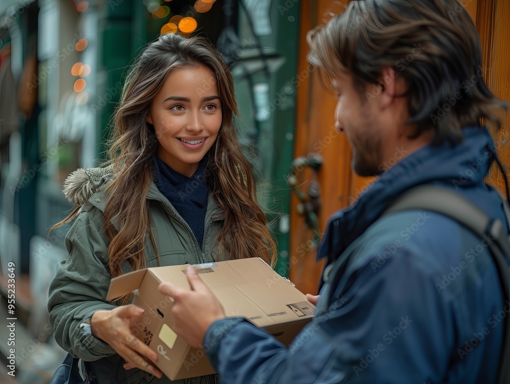 Smiling Woman Accepts Packages from Deliveryman at Doorstep Smiling Woman Accepts Packages from Deliveryman at Doorstep