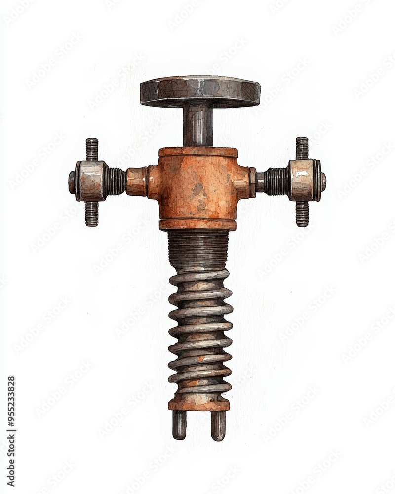 A detailed view of a rusty mechanical valve with a spring mechanism, showcasing industrial design and vintage elements. A detailed view of a rusty mechanical valve with a spring mechanism, showcasing industrial design and vintage elements.