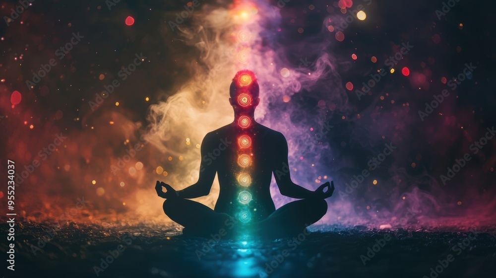 Silhouette of a person meditating with chakra energy. Silhouette of a person meditating with chakra energy.