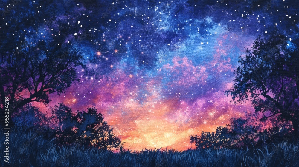Fototapeta premium Watercolor Painting of a Night Sky with Silhouetted Trees