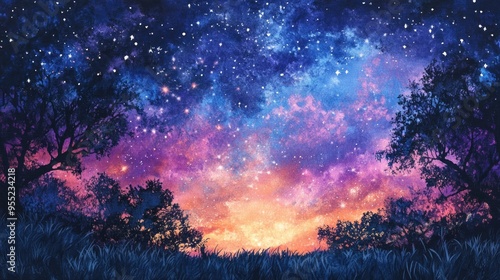 Watercolor Painting of a Night Sky with Silhouetted Trees