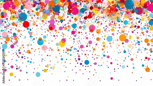 Colorful confetti scattered on a white background creates a festive vibe, ideal for parties and celebrations with red, orange, yellow, green, blue, and indigo hues.