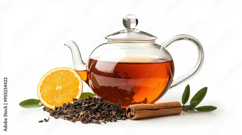 A glass teapot filled with aromatic tea, surrounded by orange slices, cinnamon, and tea leaves, showcasing a cozy tea moment. A glass teapot filled with aromatic tea, surrounded by orange slices, cinnamon, and tea leaves, showcasing a cozy tea moment.