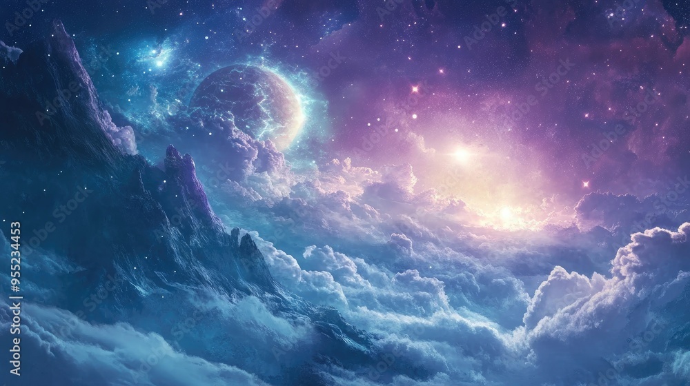 A Celestial Landscape with a Glowing Planet and Stars A Celestial Landscape with a Glowing Planet and Stars