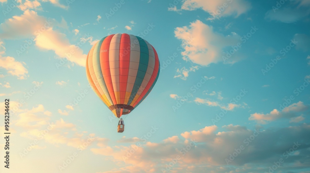 A colorful hot air balloon floats in a blue sky with white clouds, conveying a sense of peace and excitement in a sunny setting. A colorful hot air balloon floats in a blue sky with white clouds, conveying a sense of peace and excitement in a sunny setting.