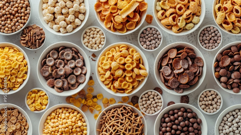 Image showing 16 bowls with different cereals and snacks like cornflakes, chocolate cereal, pretzels, and waffles on a gray surface, organized and diverse presentation. Image showing 16 bowls with different cereals and snacks like cornflakes, chocolate cereal, pretzels, and waffles on a gray surface, organized and diverse presentation.