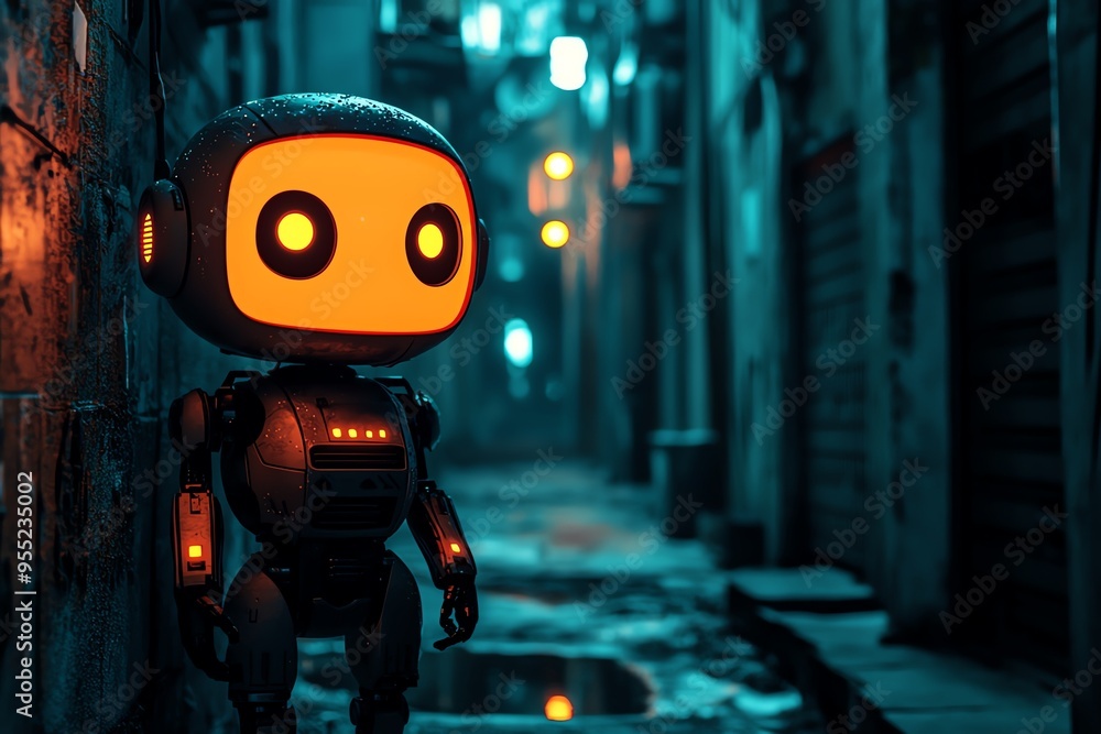 Fototapeta premium A charming robot stands in an alley, illuminated by soft orange lights, creating a whimsical yet futuristic atmosphere.