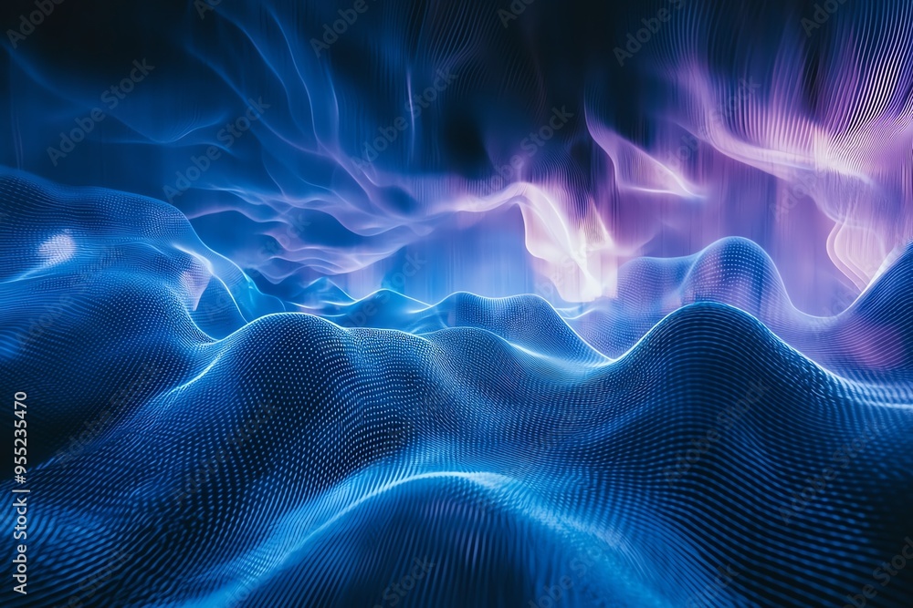 A mesmerizing abstract landscape of swirling blue and purple light waves, creating a sense of depth and movement. A mesmerizing abstract landscape of swirling blue and purple light waves, creating a sense of depth and movement.