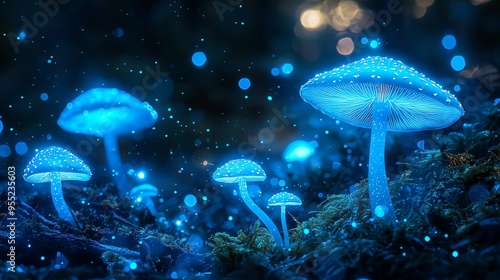 A mesmerizing forest scene featuring glowing blue mushrooms, illuminating the dark surroundings with ethereal light.