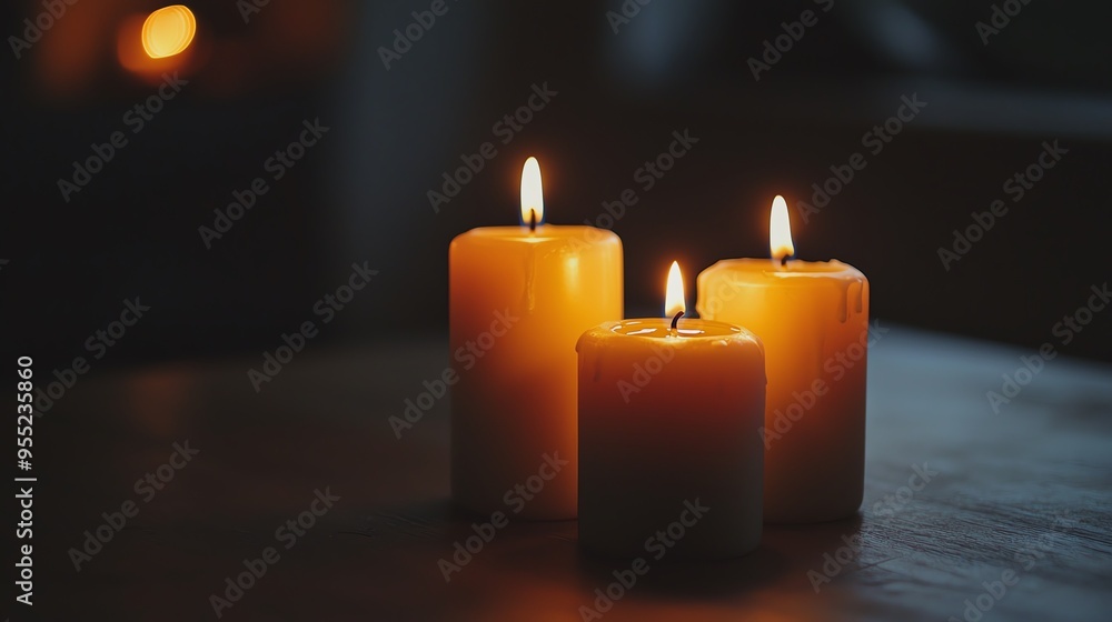 A serene composition of three lit candles, radiating a warm glow in a calm setting, perfect for creating a cozy atmosphere. A serene composition of three lit candles, radiating a warm glow in a calm setting, perfect for creating a cozy atmosphere.