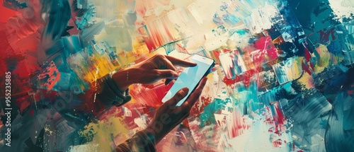 A vibrant abstract image with hands and a smartphone, set in a colorful backdrop, creating a dynamic and artistic vibe without any readable texts or distinctive elements. photo