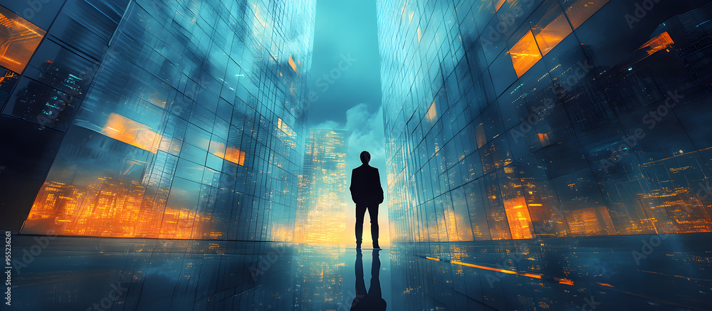 “A Businessman Standing in Front of Glass Buildings, Representing Modern Corporate Success, Innovation, and Ambition, Perfect for Themes of Leadership, Urban Business Life, and Professional Achievemen “A Businessman Standing in Front of Glass Buildings, Representing Modern Corporate Success, Innovation, and Ambition, Perfect for Themes of Leadership, Urban Business Life, and Professional Achievemen
