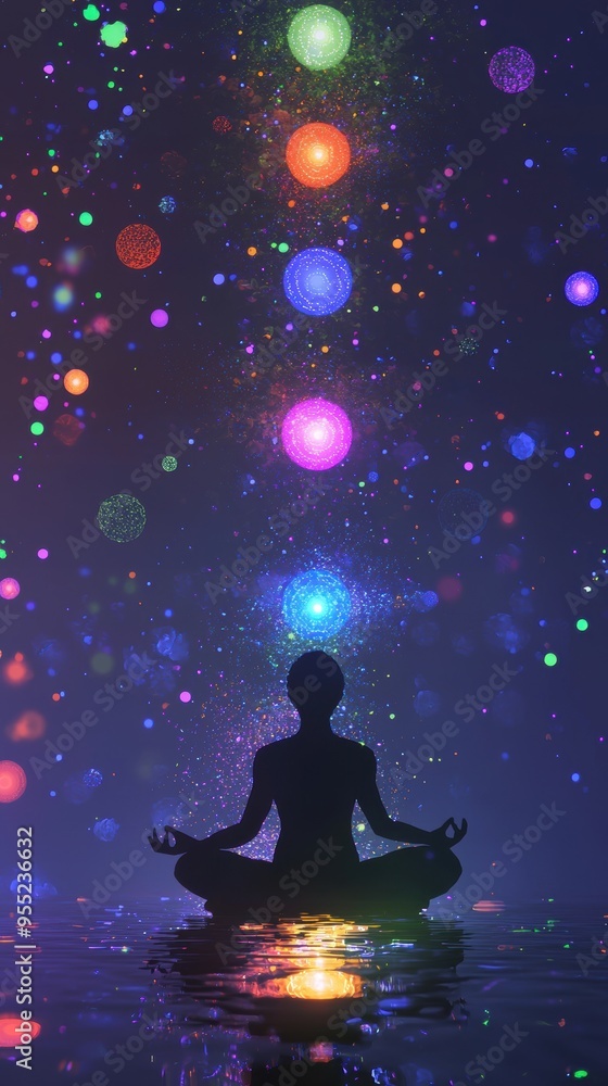 Silhouette of Person Meditating with Colorful Lights. Silhouette of Person Meditating with Colorful Lights.