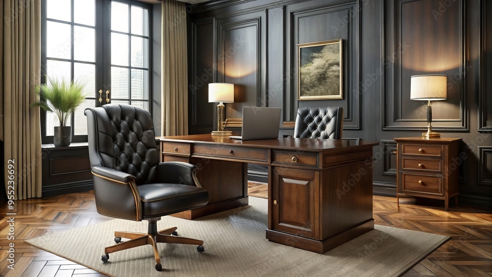 Fototapeta premium Elegant leather desk and chair combination features rich wood accents in a timeless office setting, ideal for