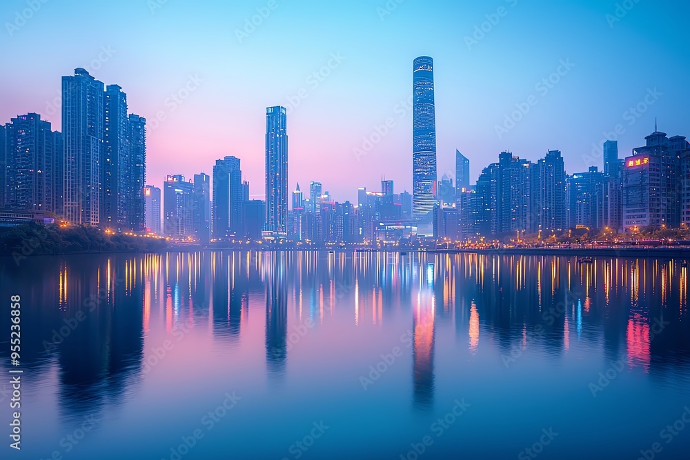 Obraz premium A tranquil city skyline at dusk, featuring reflective water and illuminated buildings against a stunning sunset backdrop.