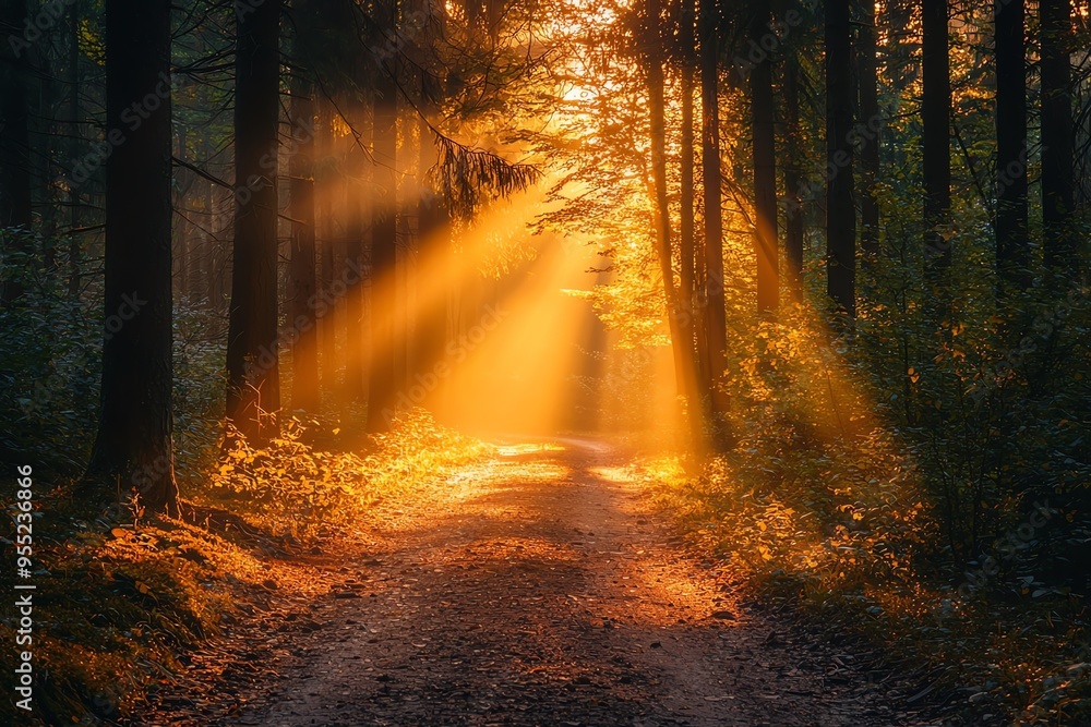 Obraz premium A tranquil forest scene with sunlight streaming through trees, creating a serene atmosphere perfect for nature lovers.