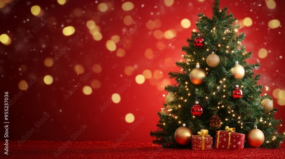 Obraz premium Christmas Tree With Golden Baubles And Shiny Lights In red Background
