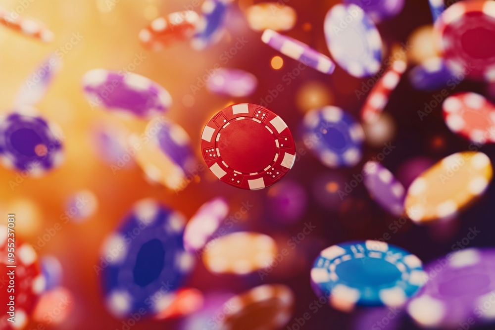 Red Casino Chip Falling Through Air with Colorful Chips Red Casino Chip Falling Through Air with Colorful Chips