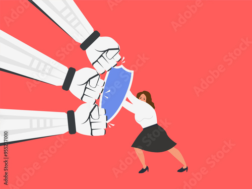 businesswoman using shield to fight with robotic fists punch vector illustration