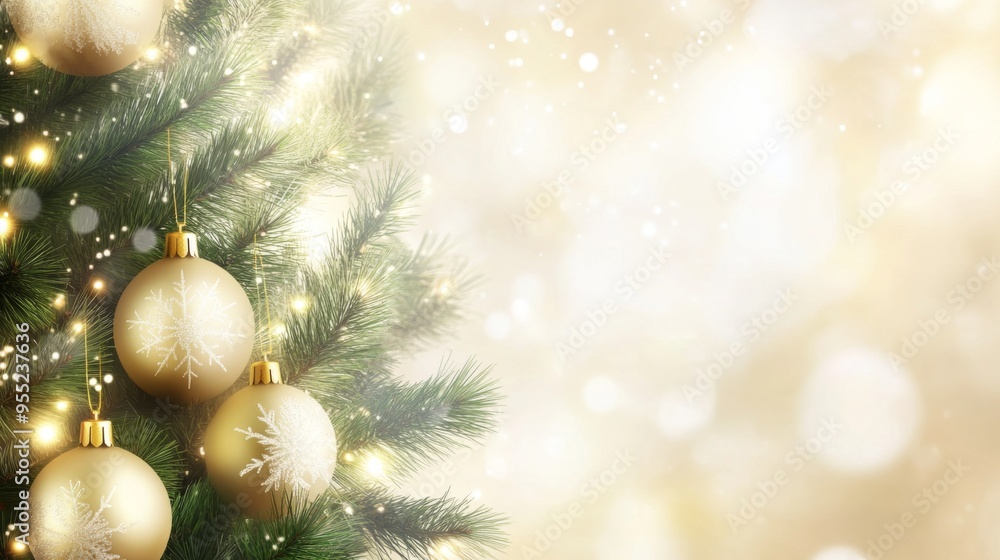 Christmas Tree With Golden Baubles And Shiny Lights In white Background Christmas Tree With Golden Baubles And Shiny Lights In white Background
