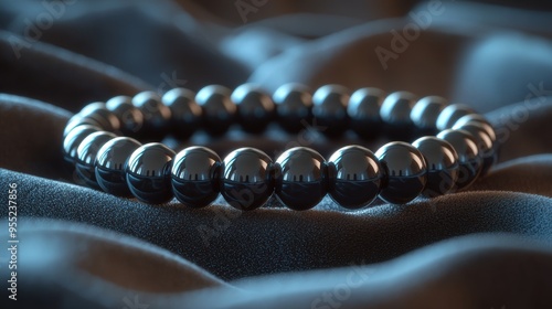 Black Bead Bracelet on Satin Fabric. photo