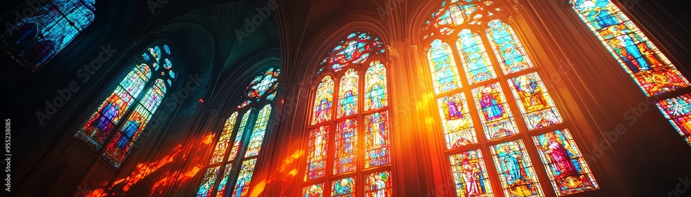 Beautiful stained glass windows illuminated by sunlight, showcasing intricate designs and vibrant colors in a serene environment.